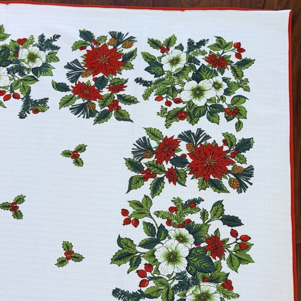 VTG Christmas Tablecloth 54x65 Poinsettia Holly Wreath Floral Holiday Red White